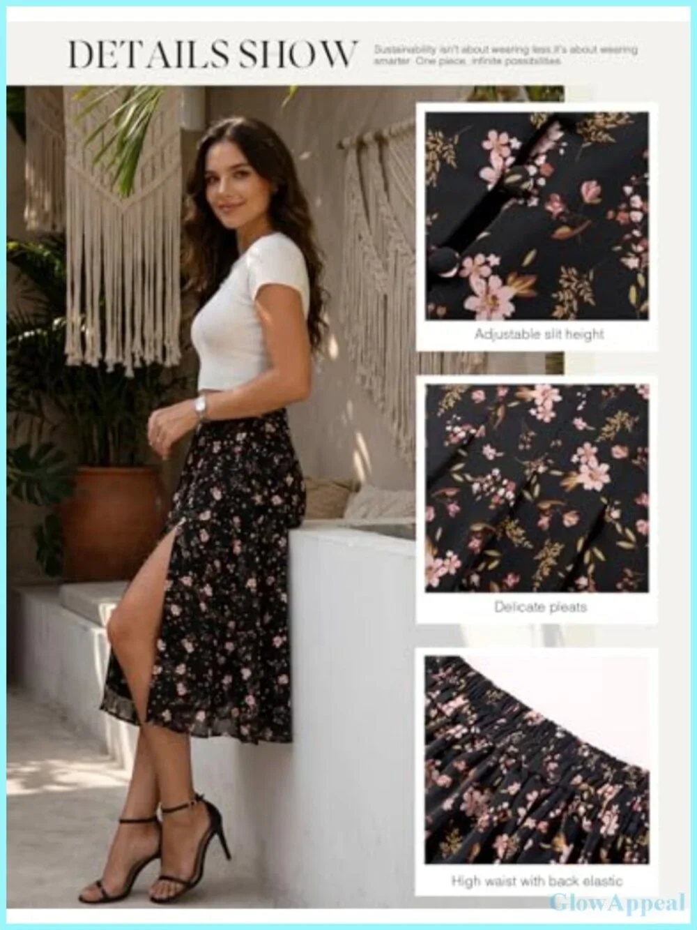 Floral Midi Skirt with Slit High Waist Pleated A-Line Pockets Flowy